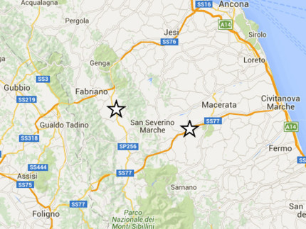 La mappa dei terremoti registrati lunedì 18 gennaio 2016 nel maceratese
