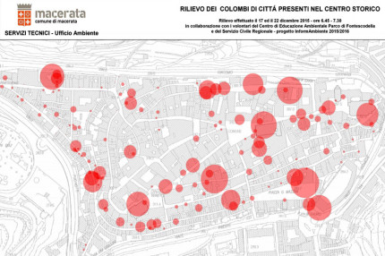 La mappa con il rilievo della presenza di piccioni a Macerata nel dicembre 2015