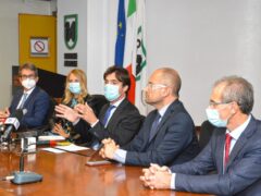 Conferenza stampa presidente Francesco Acquaroli sui provvedimenti Covid 19 nelle Marche. Presenti gli assessori Francesco Baldelli, Giorgia Latini, Guido Castelli, Stefano Aguzzi.